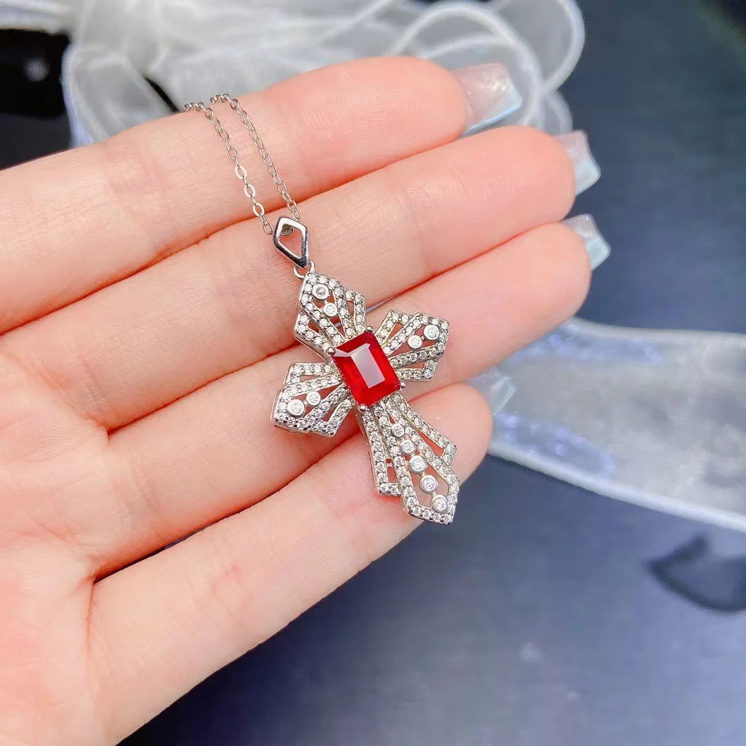 

FS Natural 5*7 Ruby Cross Pendant Necklace S925 Sterling Silver for Women Fine Fashion Charm Weddings Jewelry MeiBaPJ