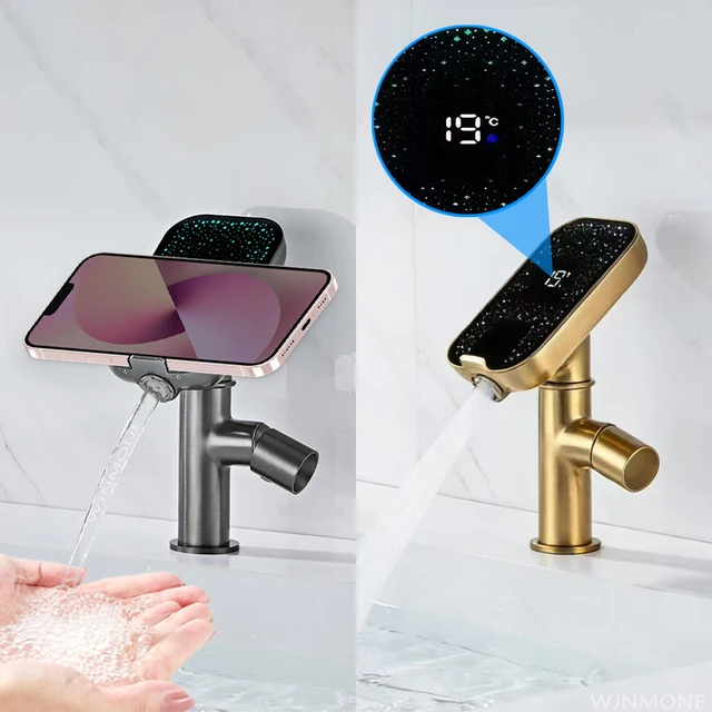 ก๊อกน้ำอ่างล้างหน้าแบบติดตั้งบนเคาน์เตอร์ ดีไซน์หรูหราทันสมัย ผลิตจากทองแดงแท้ พร้อมระบบผสมน้ำร้อนน้ำเย็น และหน้าจอ LED อัจฉริยะ 1