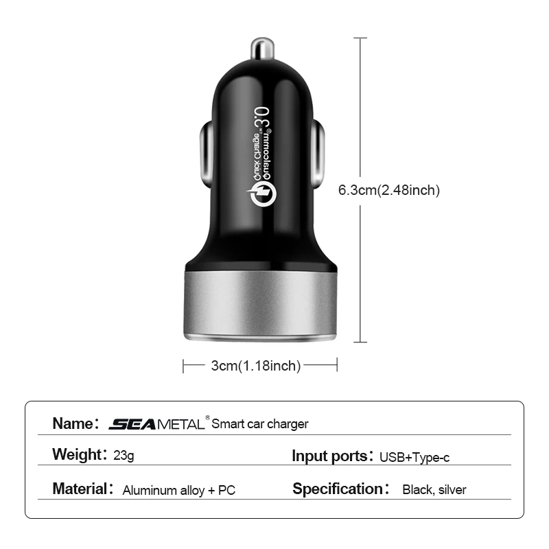 Car charger SEAMETAL PD+USB QC3.0 38W quick charging 12-24V cigarette lighter adapter with Led voltmeter display
