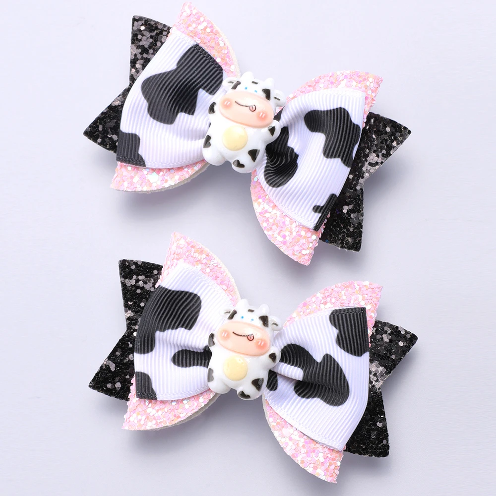 2PC Mädchen Kuh Druck Glitter Bogen Haar Clips Nette Kuh Bogen Ripsband Bogen Clips Mädchen Haar Zubehör Kopfbedeckung haar Clip – Detail 1