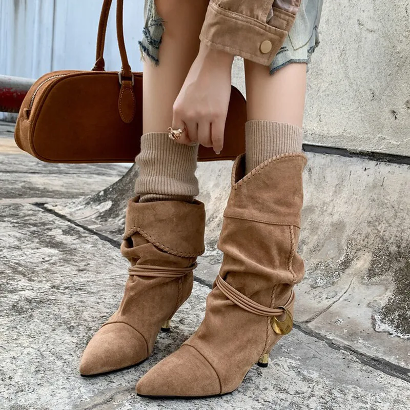 New Women Pointed Toe Fashion Suede Metal Kitten Heel Western