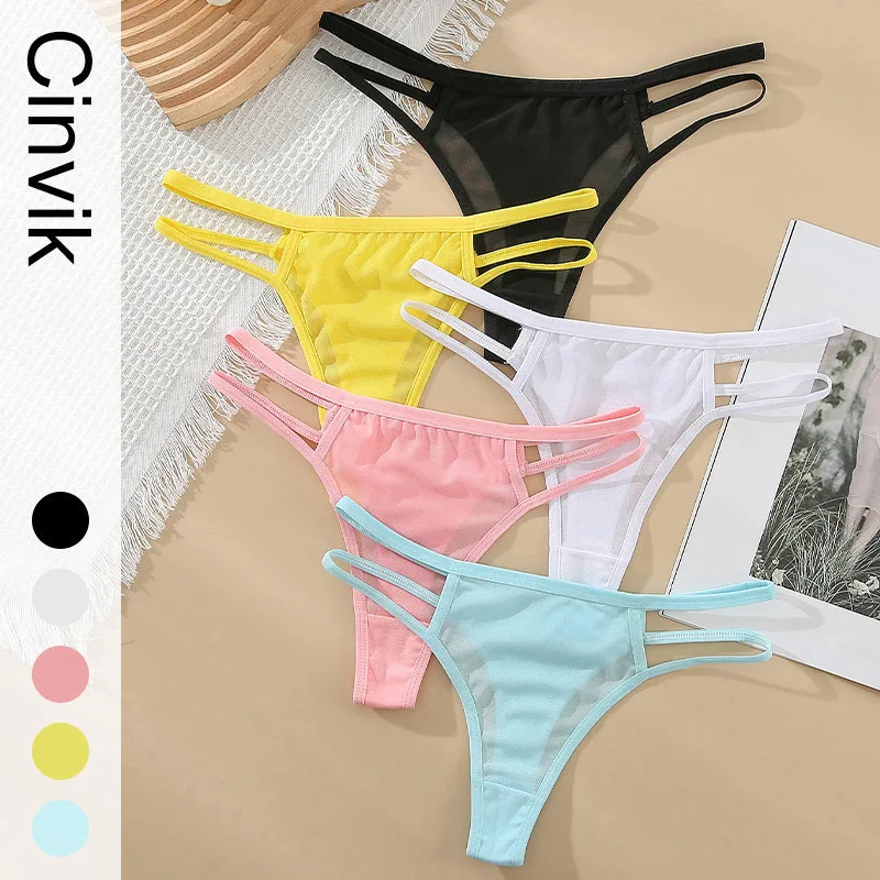 CINVIK Thin Mesh  Thongs Transparent Women Underwear G-string Low Waist Thongs Briefs Hollow Out Traceless Panties Tangas