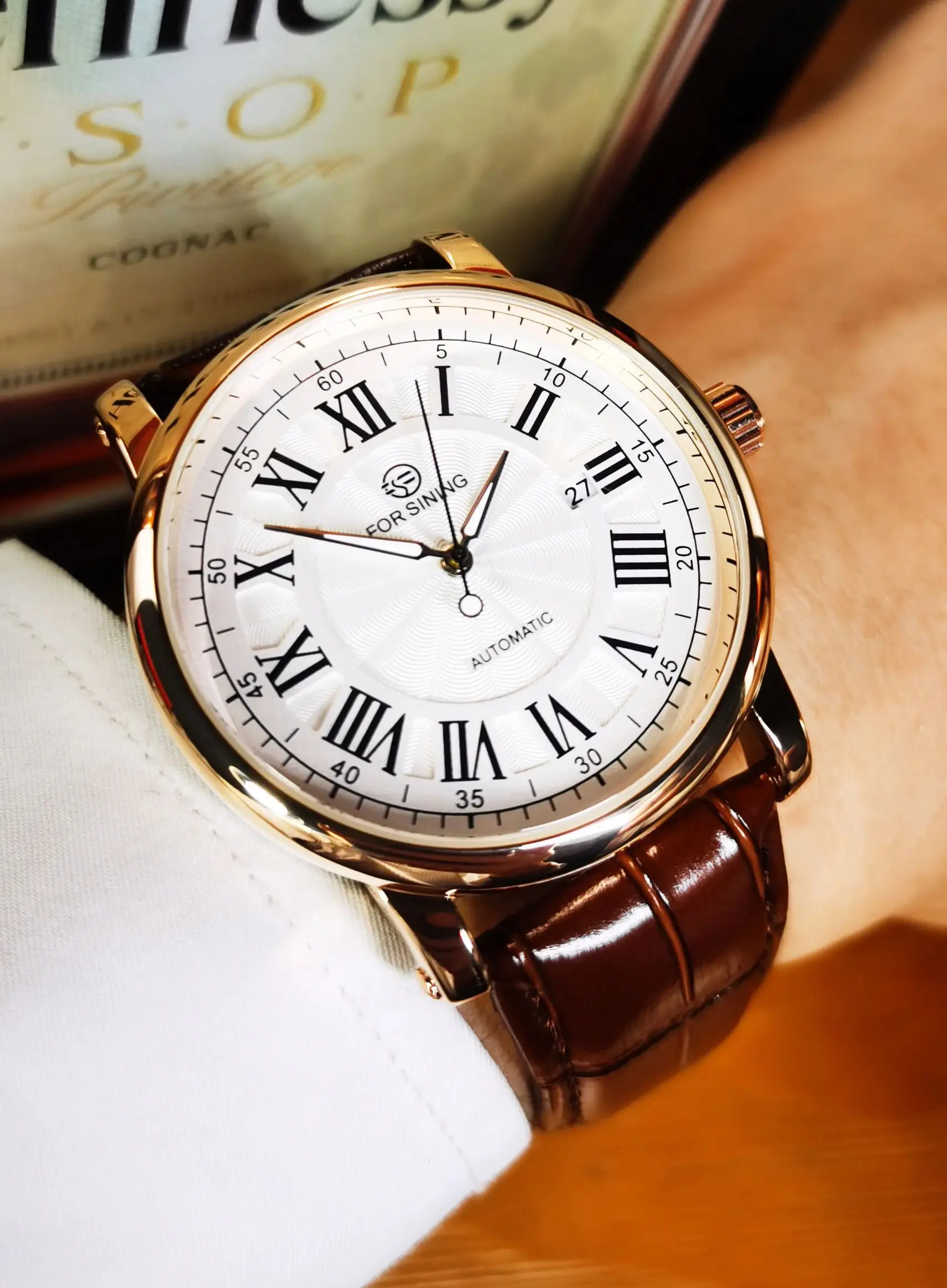 FORSINING Orologio Automatico Da Uomo Con Fasi Lunari – Meccanico A Carica Automatica, Cinturino In Pelle, Quadrante Intagliato, Impermeabile 30m, Regalo - 3