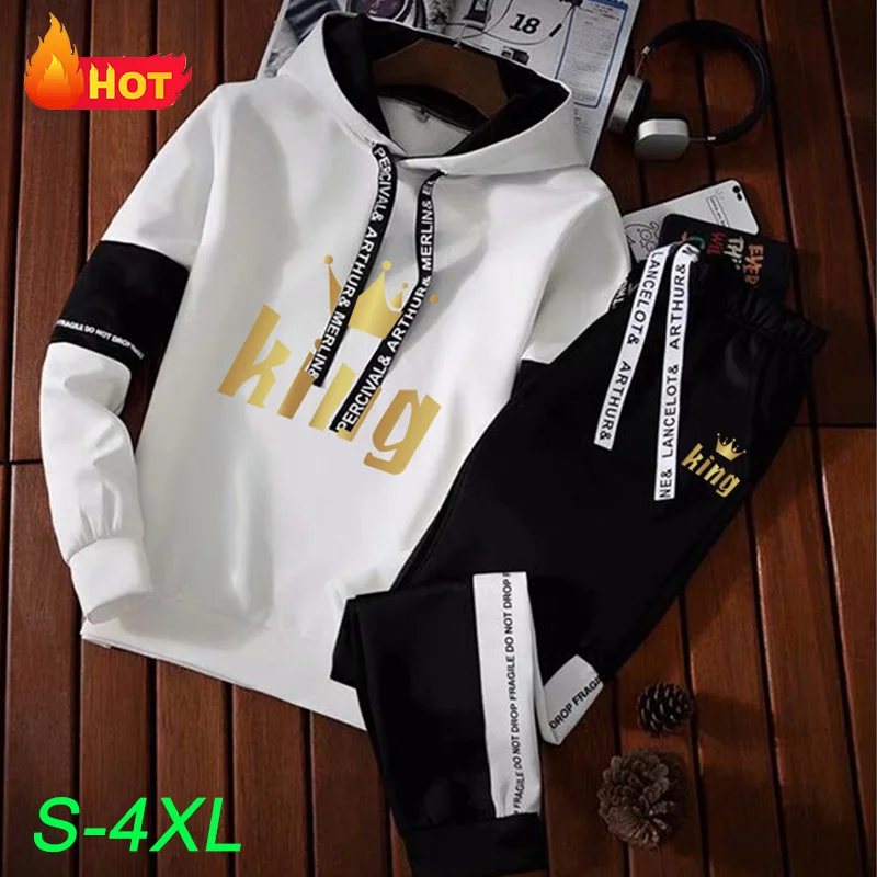 Mens Fashion Sweatshirt Tracksuit Sport Casual Hoodies+Sweatpants Sets Outfits Jogger King Print Pullover Streetwear Suits custom pant sets autumn winter fashion men clothing sport casual hoodies and man pants thin plush hooded sweatshirts for men