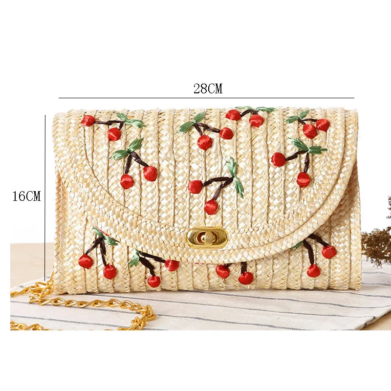 Wheat Straw Woven Women Shoulder Bag Bohemian Summer Beach Bags Cherry Banana Female Messenger Clutch Chain Flap Crossbody Bag - Image 3