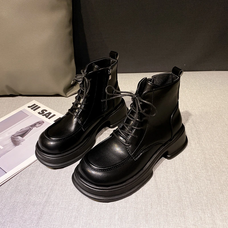

2023 New Neutral Leisure Fashion Women Ankle Boots Motorcycle Boots Genuine Leather Thick Heels Autumn Winter Casual Shoes Woman