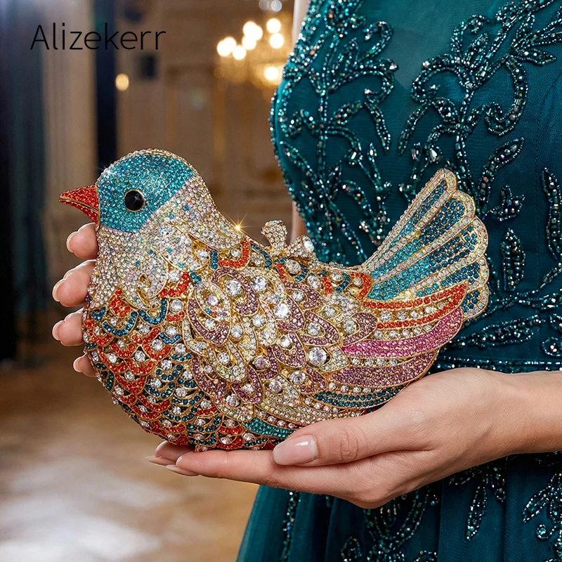 Alizekerr Pigeon Shaped Crystal Evening Bags Women Gorgeous Rhinestone Metallic Bird Clutch Purses Ladies Unique Handbags Party