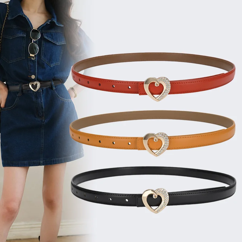 

Genuine Leather Women Thin Belt Metal Heart Buckle Waistband Jeans for Ladies with Kids Belt High Quality