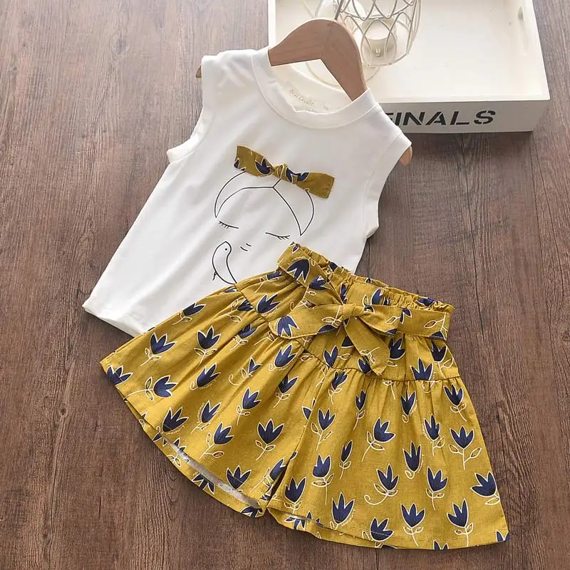 Girls Clothes Set Summer Sleeveless T-shirt and Print Bow Shorts for Girl Kids Clothes Children Clothing 3 5 7 Years kids clothing set kids t shirt girls clothing set