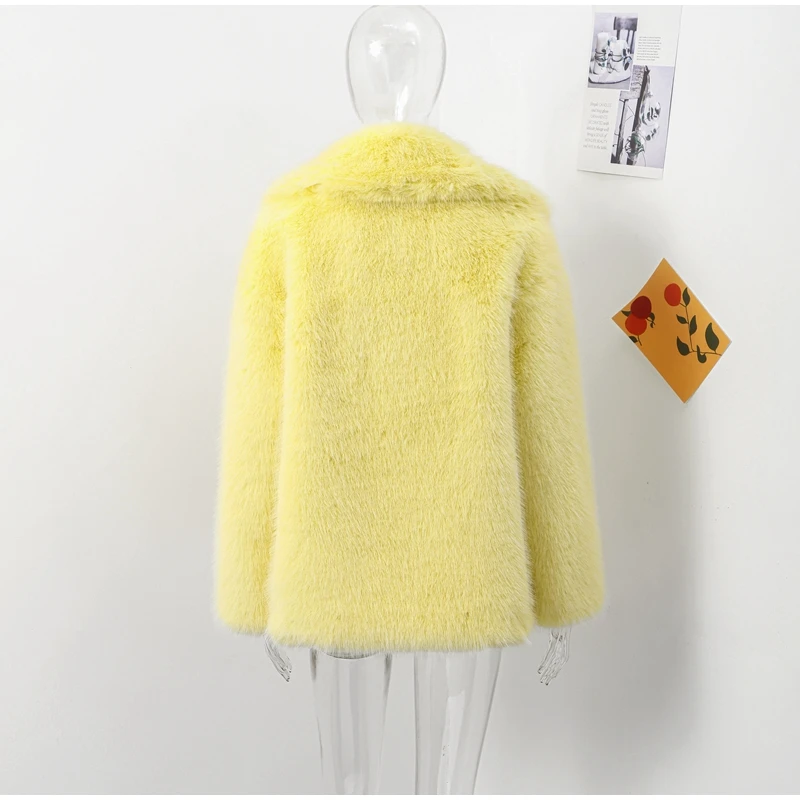 Fashion Faux Fur Jacket Coat Women Warm Fluffy Loose Long Sleeve Lapel Female Overcoat Winter Yellow Lady Street Outwear