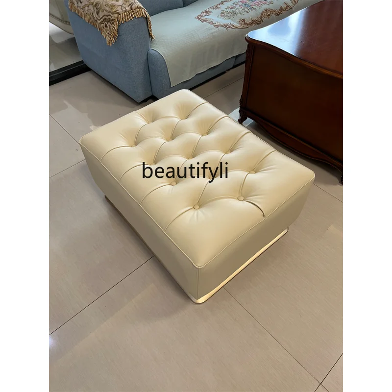 

Italian-Style Genuine Leather Solid Wood Pedal Villa Living Room Shoe Changing Stool First Layer Cowhide Sofa Stool Furniture