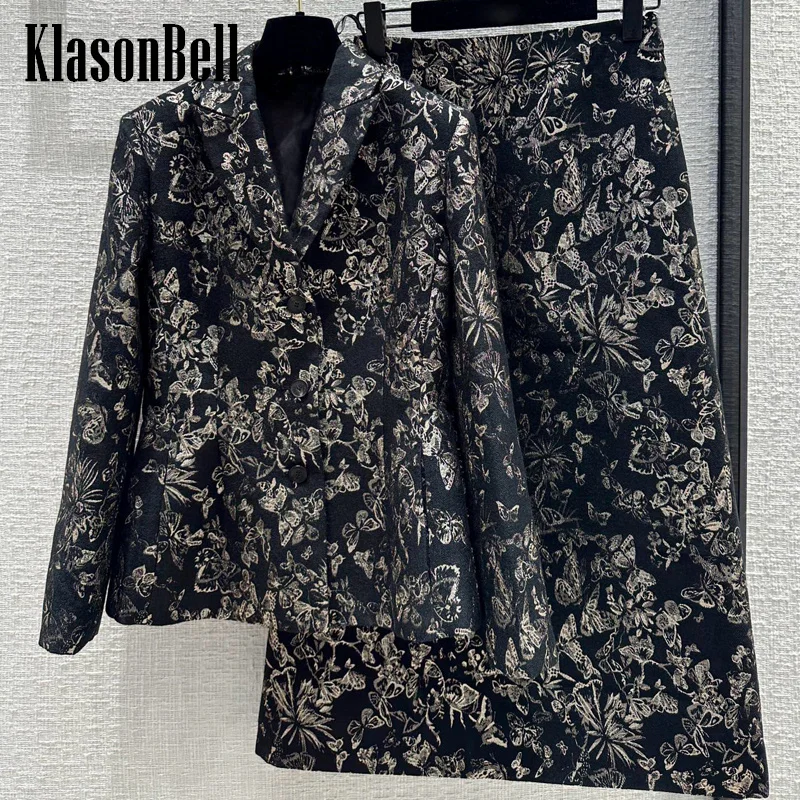 

12.26 KlasonBell Women Clothes Elegant Bowknot Flower Embroidered Single Breasted Slim Blazer Or Side Zipper A-Line Skirt Set