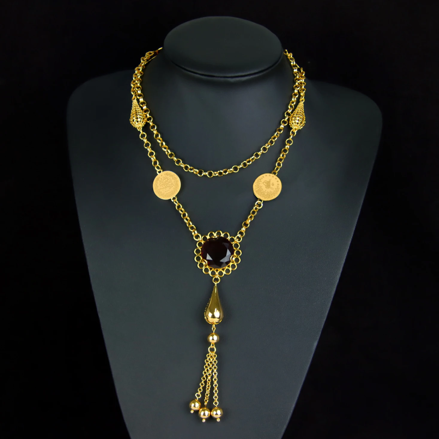 Mittelöstliche muslimische vergoldete lange Halskette, 21 Karat, mehrfarbig, Zirkonia, türkische Vintage-Münzen, Charm-Ketten, täglicher Schmuck – Detail 7