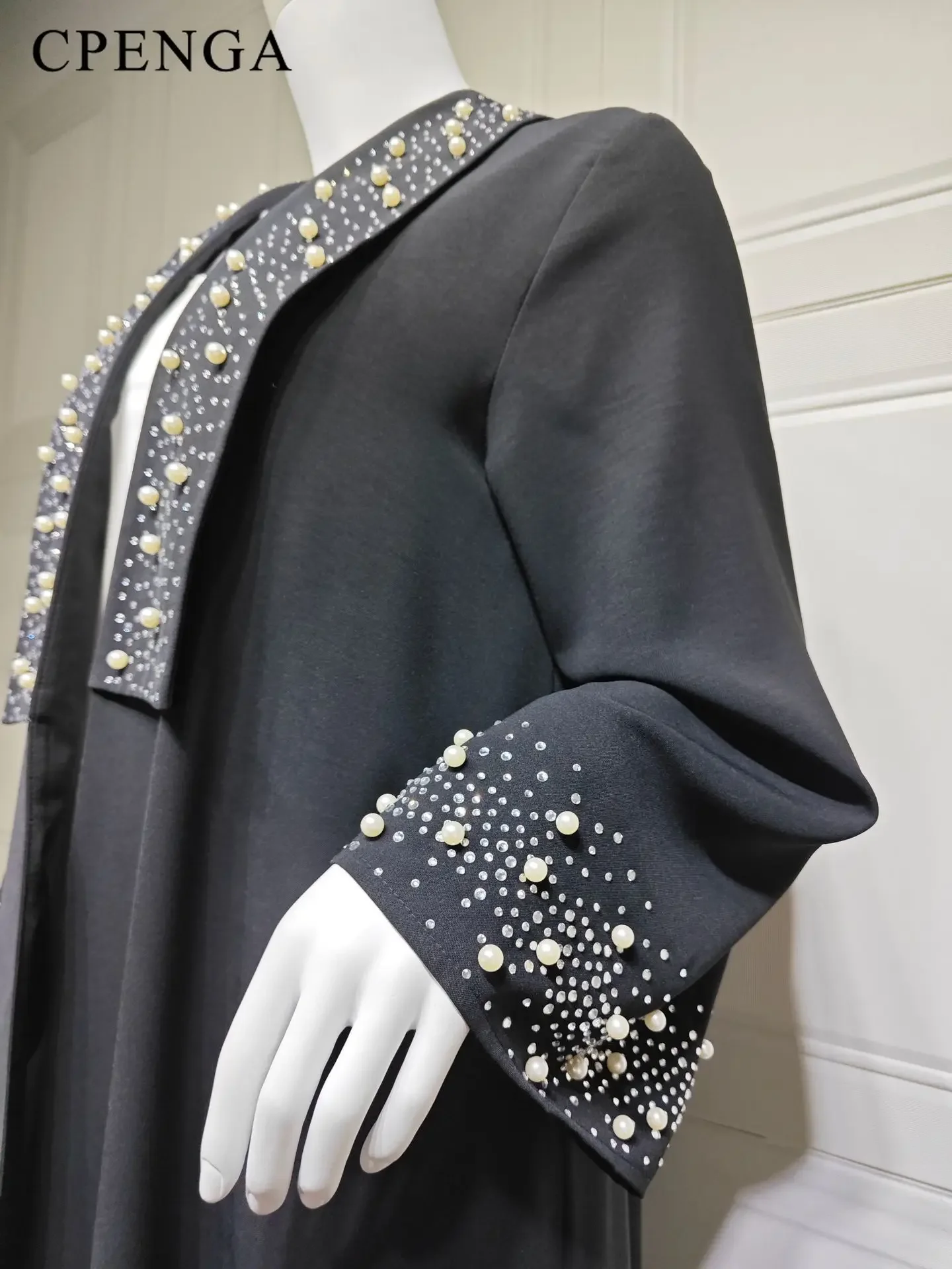 2024 Dubai Women Pearl Black Abaya Dress Luxury Ramadan Arabic Muslim Modest Cardigan Islamic Coat Fashion Turkey Solid Robe 6