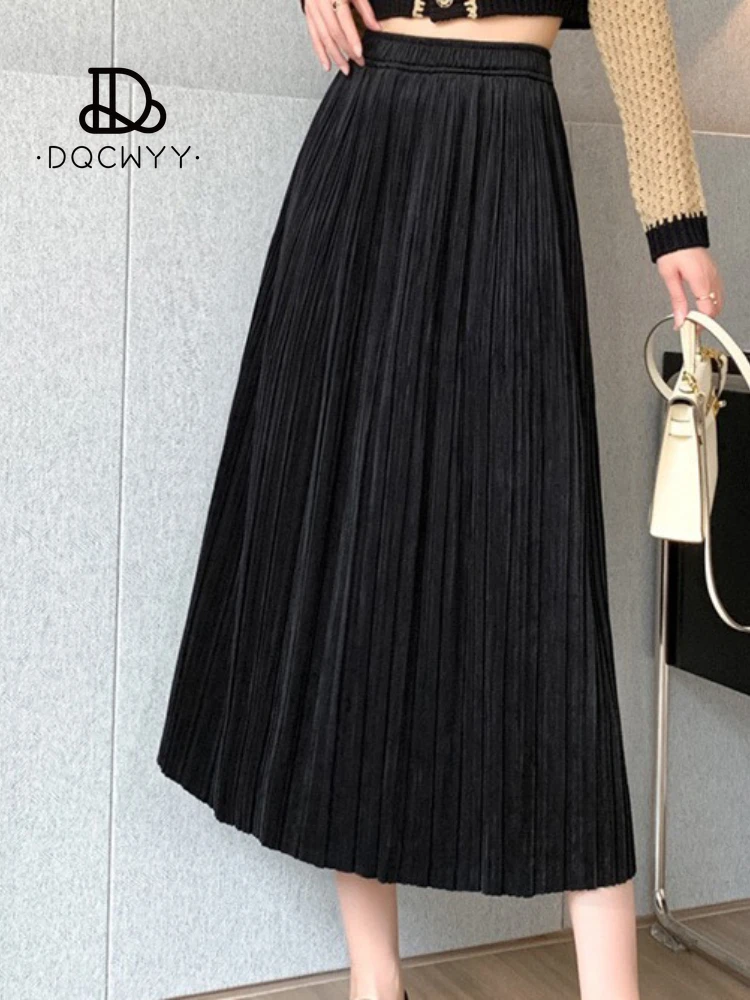 

New Women's Half Skirt Thickened Vintage Velvet Pleated Versatile Vertical Stripe Large Swing Autumn Casual Long Dress Gothic