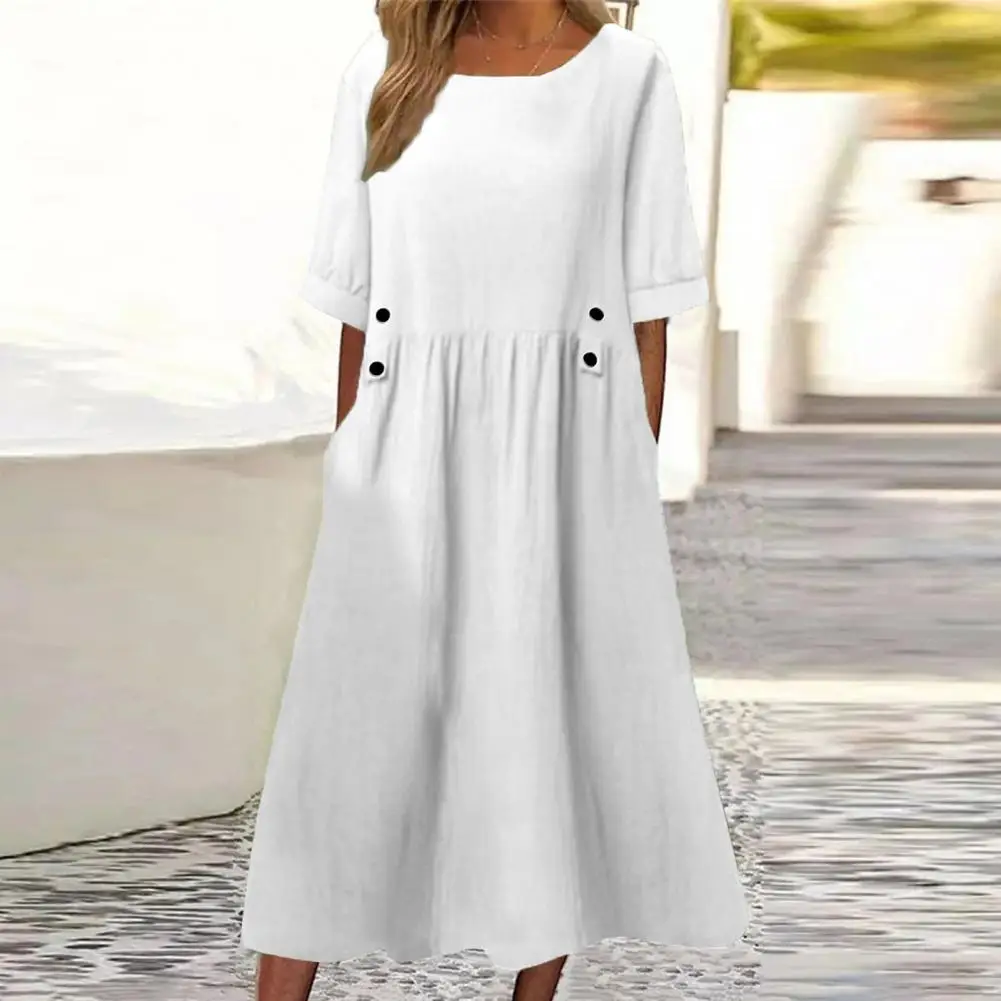 

Casual Loose Fit Dress Stylish Women's A-line Midi Dress with Pockets Button Decor Elegant Summer O Neck Pleated for Casual