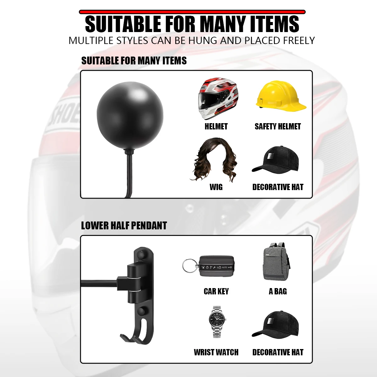 180&deg; Rotation Motorcycle Helmet Rack Wall Mount with Hooks Metal Bicycle Helmet Display Hanger Stand for Coats Caps Rugby motorcycle helmet holder