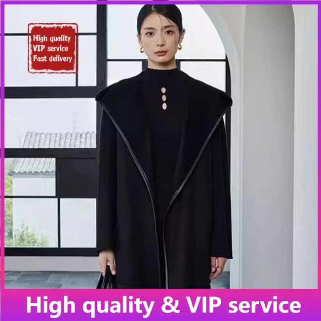 

Winter Women's Jacket Highest Quality Leather Contrast Color Fashion Hooded Reversible 100% Cashmere Coat Wool Women's Coat 2023