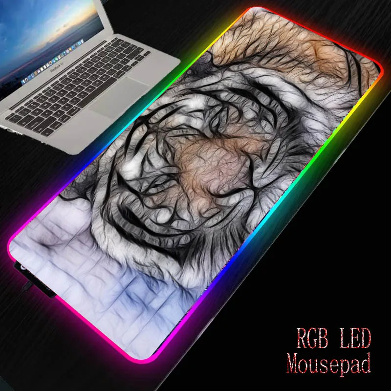 

Большой игровой коврик для мыши MRGBEST с изображением животных, тигра, RGB, компьютерные коврики для мыши со светодиодной подсветкой XXL, XL, L, M, Настольный коврик для клавиатуры