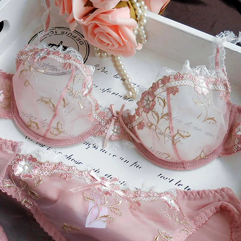 Sexy Lingerie Exquisite Embroidery Lotus Pink Ultra-Thin Sexy Large Size  Lingerie Ladies Lace Transparent Comfortable Bra : : Fashion