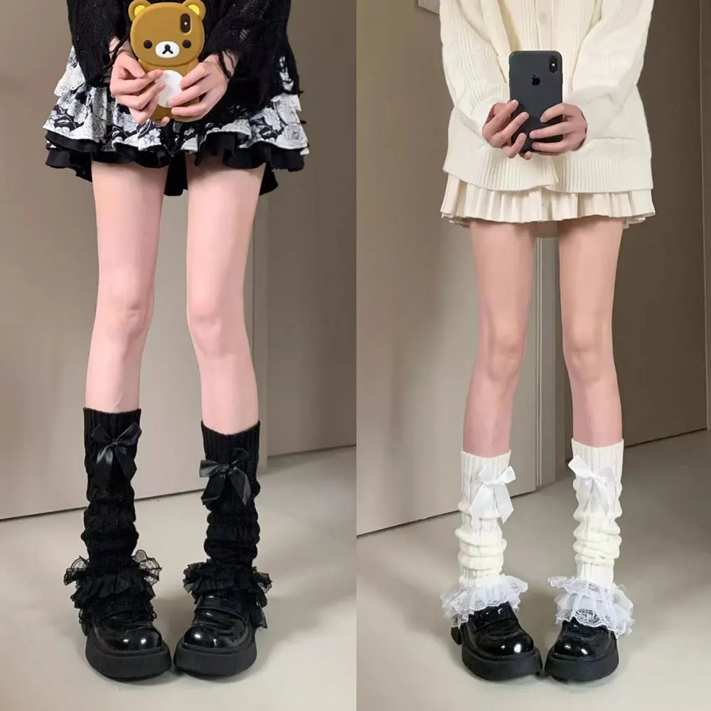 Cute Lace Flared Knitted Long Legs Warmers Y2K Leg Stockings White Harajuku Socks White Foot Cover Lolita Over Knee Leg Warmer