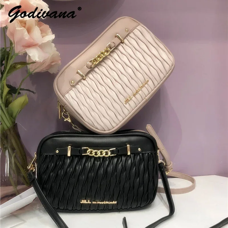 Japanese Style Women's Shoulder Bag All-Match Minority Design Chain Pleated Square Messenger Bag Girls Leather Bags