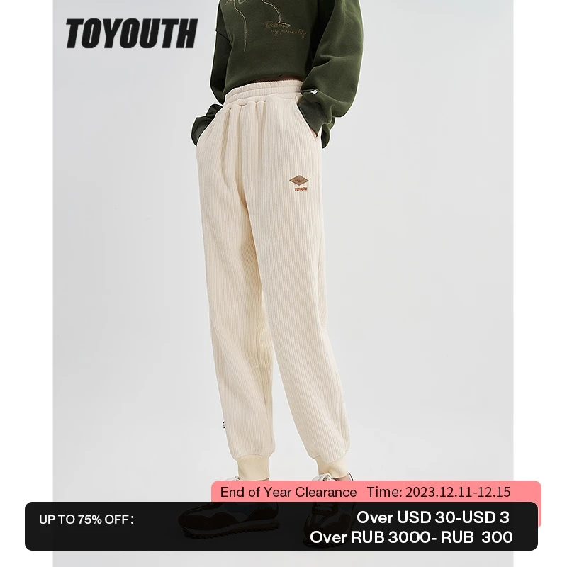 

Toyouth Women Fleece Pants 2022 Winter Elastic Waist Straight Loose Trousers Butterfly Embroidery Warm Chic Casual Long Pants