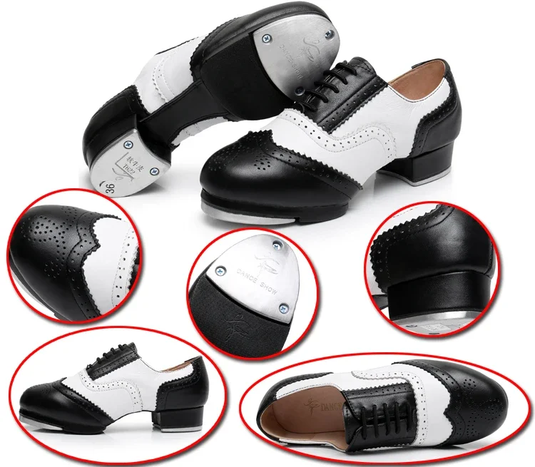 Stitching Retro Style Women Men Cow Leather Lace-Up Tap Dance Shoes Vintage Style Quality Split Soles Tap Dancing Shoes dance shoes
