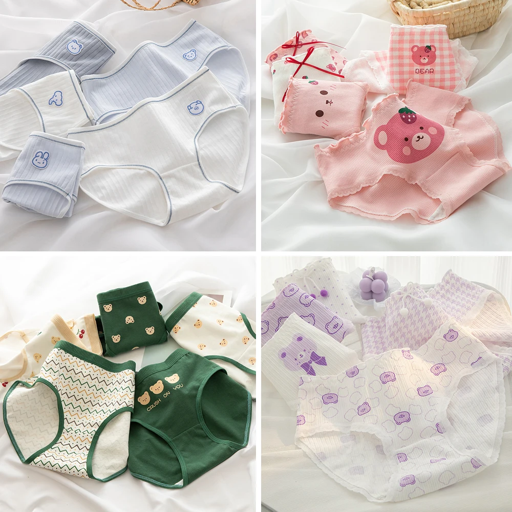

Women Cute Panties Girls Cotton Briefs Lace Sexy Lingerie Pink Underwear Mid Rise Female Soft Intimates Thongs 5Pcs/Set