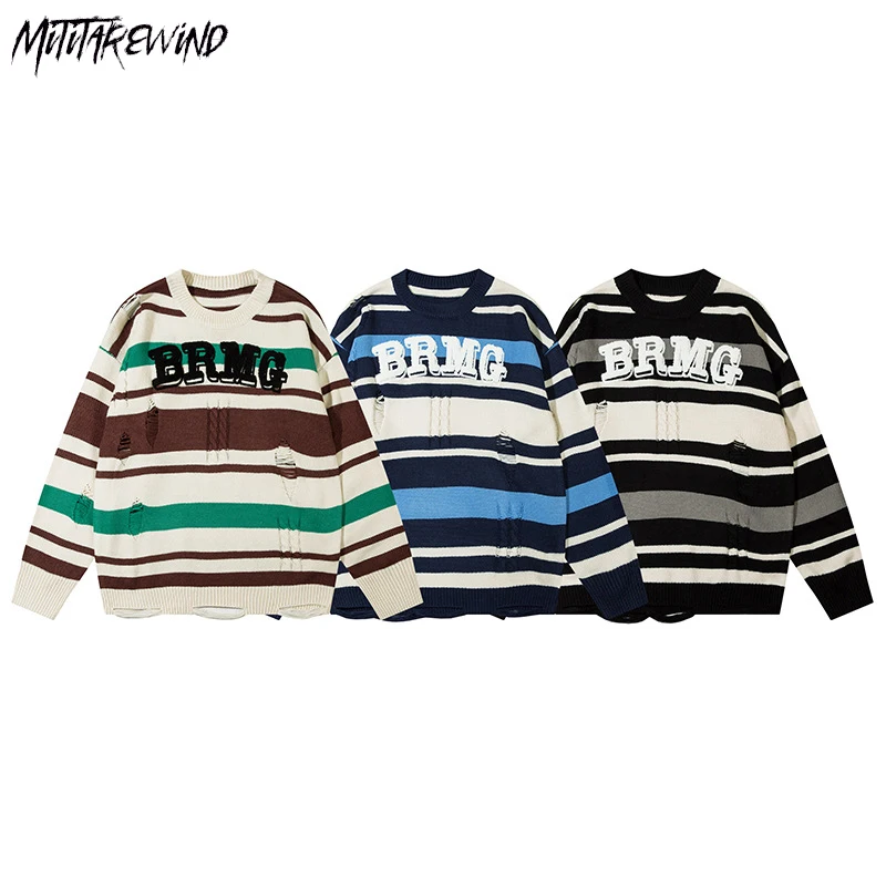 

Japanese Style Stripe Knitted Sweaters Couple Hollow Out Ripped Streetwear Casual Pullover O Neck Loose Autumn Winter Print Tops