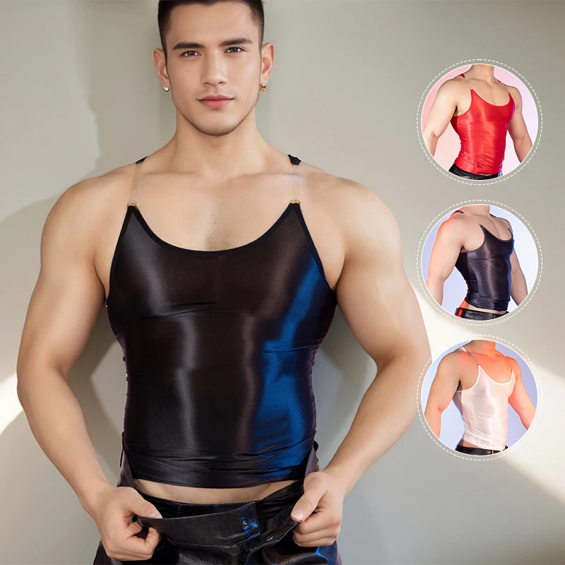 Mens Seamless Elastic Tops Oil Shiny Sleeveless Smooth Solid Tank Top Tights O-Neck Widely Applicable Running Undershirt