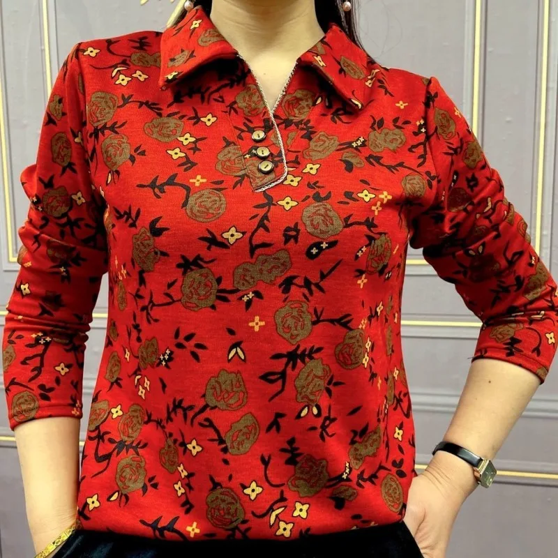 

Autumn and Winter Women's Pullover Turn Down Collar Patchwork Printing Button Fashion Casual Elegant Commuter Long Sleeve Tops