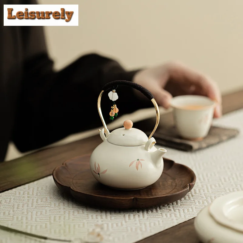 132ml Hand Drawn Orchid Wind Chime Lifting Handle Teapot Tea Infuser Pot Tea Maker Kettle With Strainer Tea Services Craft Gift