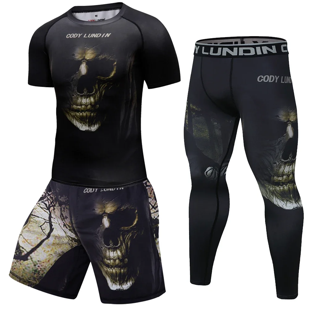 Skull MMA Rashguard Jiu Jitsu Jerseys+Pant Set Men MMA Thair T-shirt Shorts BJJ Boxing 4Pcs/Set Rash Guard Fightwear Sportswear