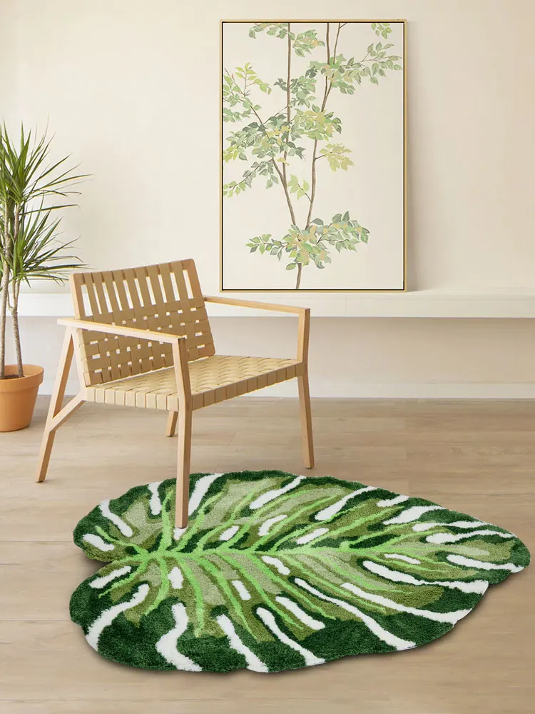 Plant Monstera Tufted Rug Irregular Plush Tropical Leaf Area Rug for Living Room Bathroom Green