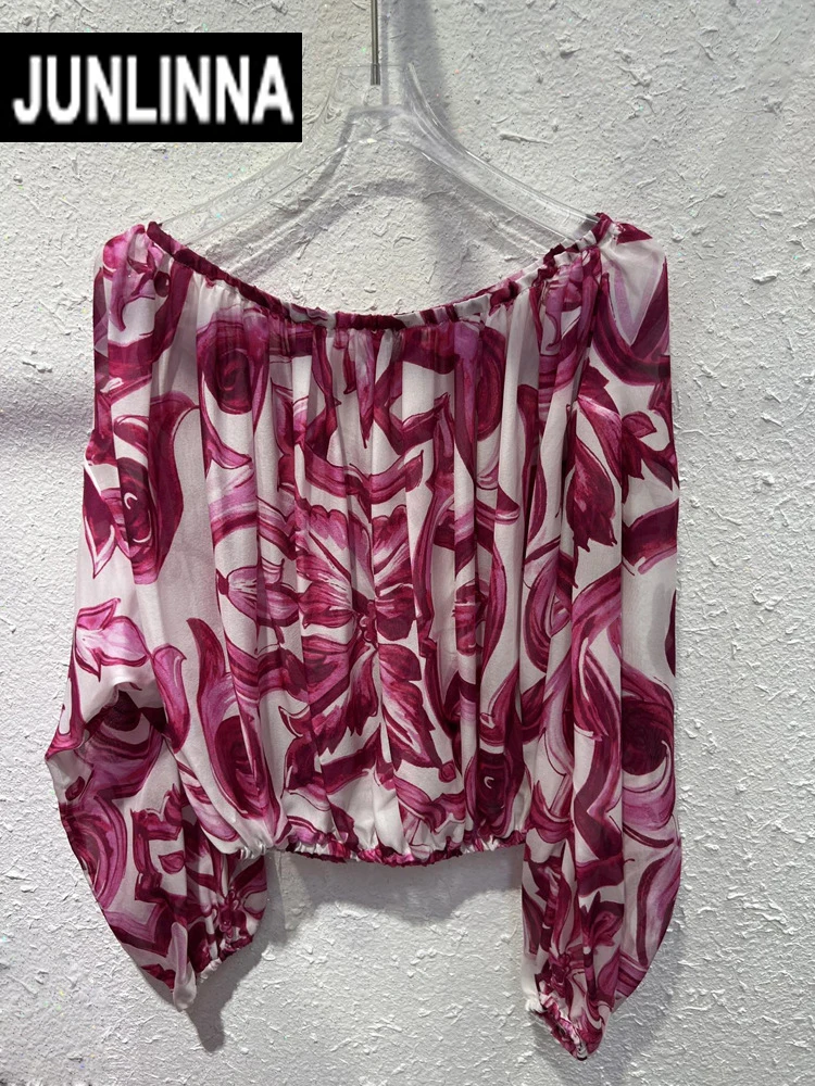

JUNLINNA 100% Silk Women T-shirt Fashion Porcelain Printing O-Neck Long Sleeve High Street Laptops