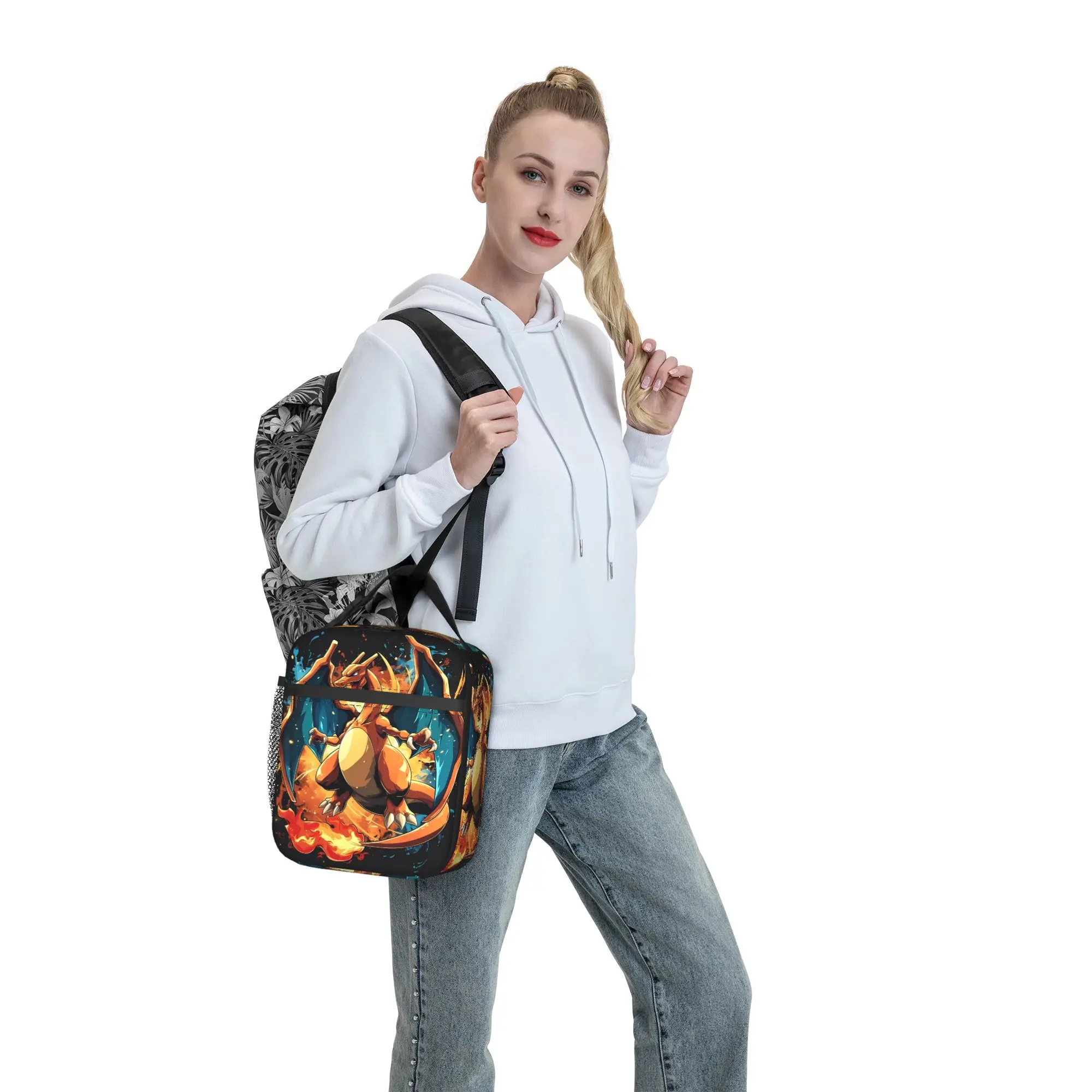 Charizard Battle Pose Anime Aesthetic Lunch Bag - Portable Oxford Cooler Box for Kids and Office