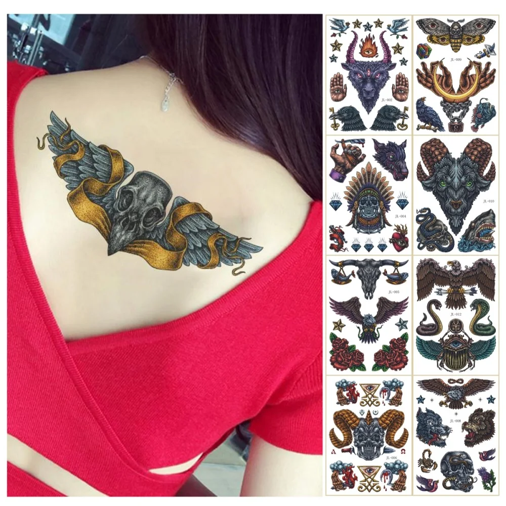 

12 видов винтажных татуировок, Временный Орлан, змея, скелет, крылья, тотем, наклейки для боди-арта, водонепроницаемые одноразовые временные татуировки