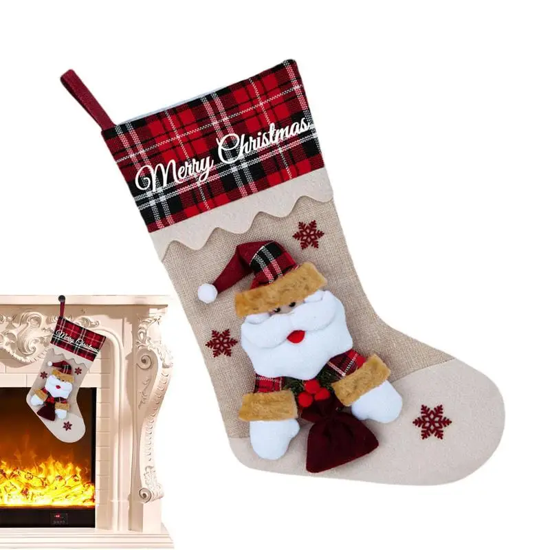 

Рождественские чулки с изгородью, рождественский подарок, олень, Санта, снеговик, мешковины, клетчатые чулки с мультяшным принтом, Рождественское украшение