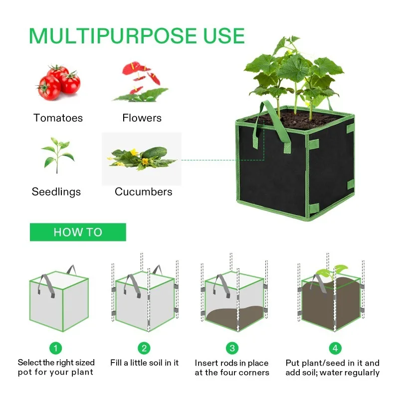 Square Planting Bag Non-woven Fabric Sports Seedling Pot Gardening Plant Growth Bag Indoor  Outdoor Garden Plant Planting Bucket