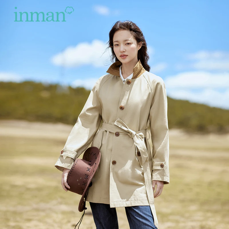 

INMAN, женский плащ, осень 2023, длинный рукав, контрастный отворот, свободный, ветровка, на шнуровке, на талии, элегантная верхняя одежда для путешествий