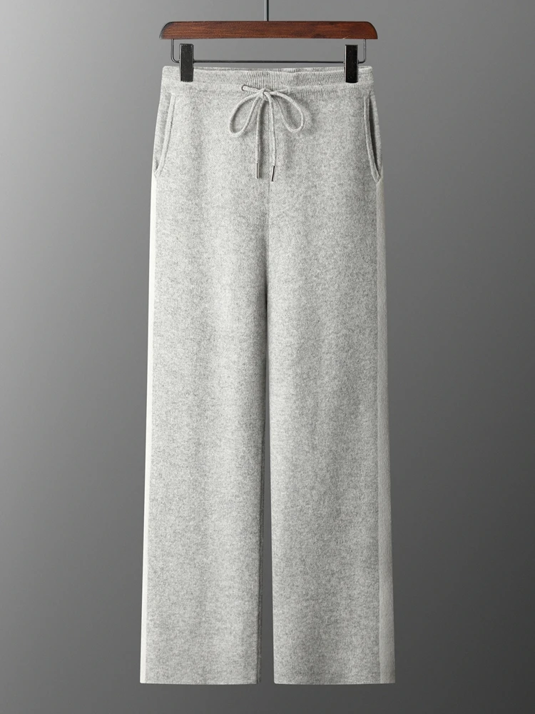 Autumn Winter New Merino Wool Pants Men's High Waist Wide Leg Pants Thickened Jacquard Contrast Casual Knitted