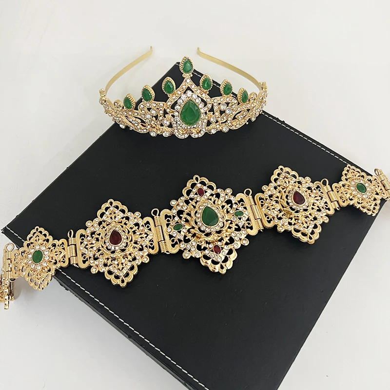 Algerian Style Belt Crown Set Rhinestone Hollow Design Moroccan Women's Wedding Dress Decorative Waist Chain Head Chain Suit