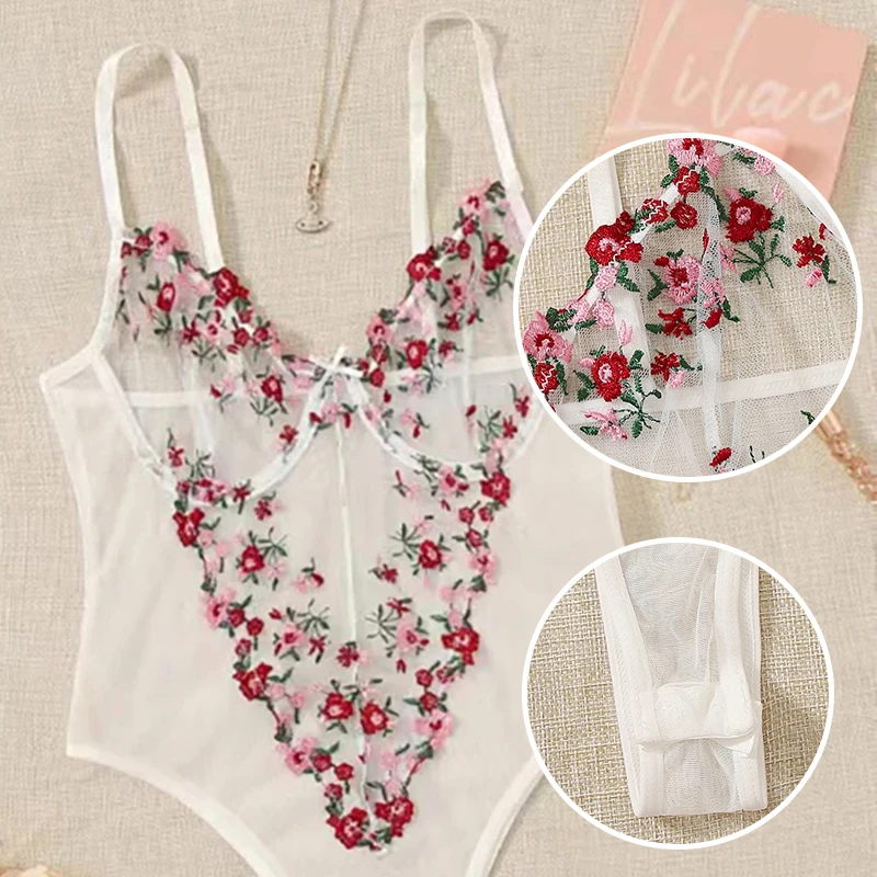 Women Suspender Pajamas Women Lace Pajamas Women Bodysuit Sleep Wear Set Women's Sexy Perspective Mesh with Embroidered Flower V-Neck Suspender Sexy Pajamas One Piece Pajamas