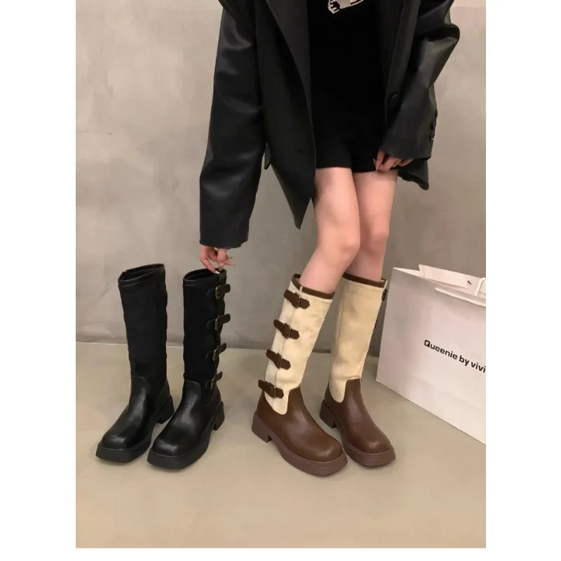 2023 New Retro Suede Boots Women Thick Bottom Brown Long Knight Boot Chic Demi-season Brown Autumn Footwear Ladies