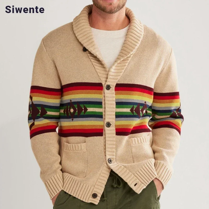 

Street Fashion Lapel Cardigan Woolen Ribbed Coat Autumn and Winter Striped Jacquard Sweater American Casual Rainbow Knitwear