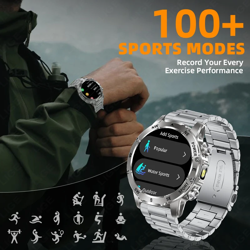 LIGE New 800mAh Battery Smart Watch Outdoor Sports Compass LED Flashlight Bluetooth Talking Smartwatches For Men Health Monitor