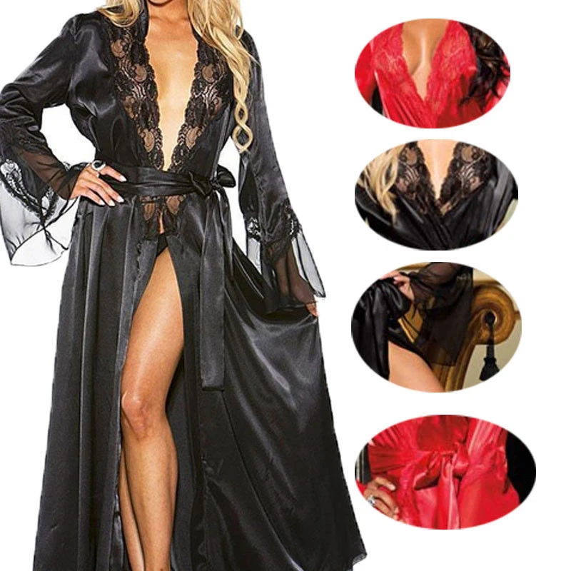 

See-through Nightwear Gown Bathrobe Women Sexy Lace Nightdress Robe Sleep Suit Nightgown Long Sleepwear Black White Nightdress