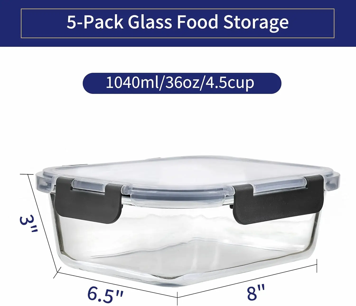 5-Pack 36 OZ Glass Storage Containers with Lids, Glass Meal Prep Containers Set, Airtight Lunch Containers with Lids, Microwave, 2