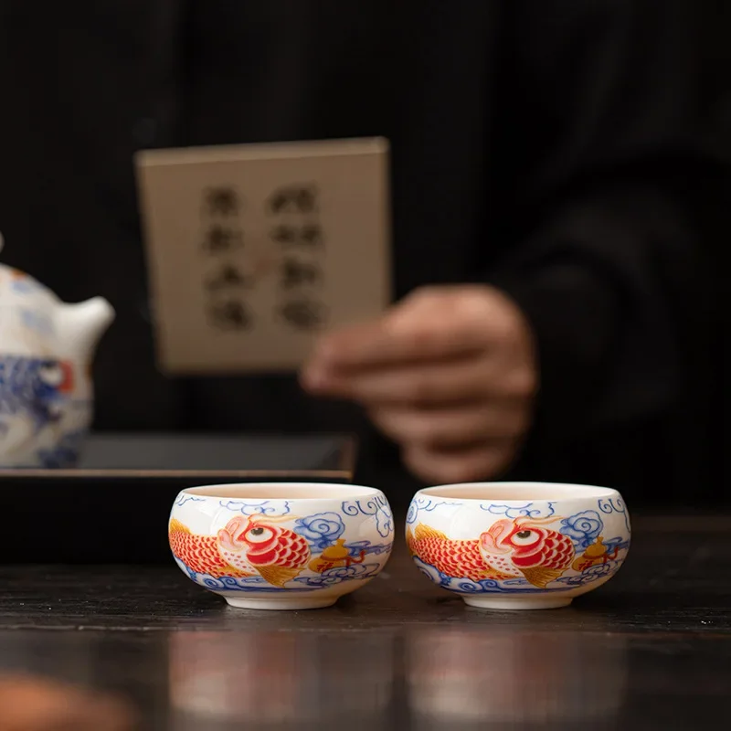 1pcs Chinese Style Fish Tea Cup White Ceramic Kung Fu Teacup Tea Set Household Small Cup Ceramic Teaware Gift New